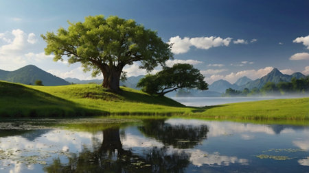 lonely tree on the meadow with lake and mountains in the background