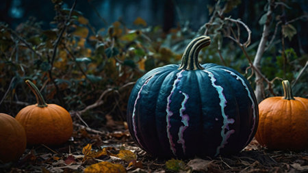 Halloween pumpkins in the forest. Halloween background with pumpkins.の写真素材