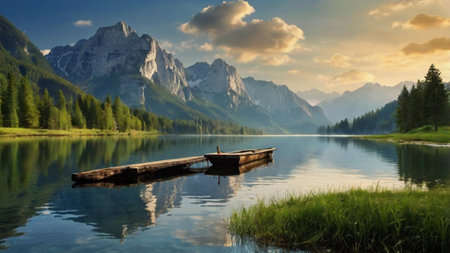 Fishing boat on the lake in Dolomites, Italy.の写真素材