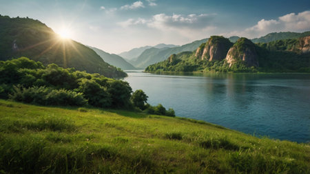Panoramic view of the mountains and the lake. Summer landscape.の写真素材