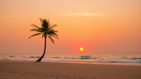Coconut tree on the beach at sunset time in Thailand.の写真素材