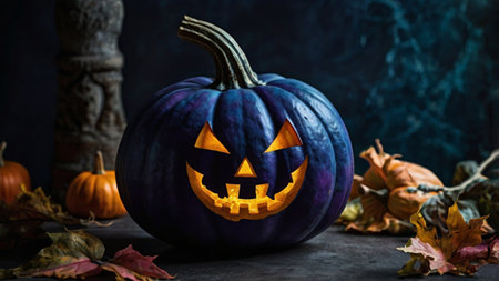 Halloween pumpkin head jack o lantern on dark background, halloween conceptの写真素材