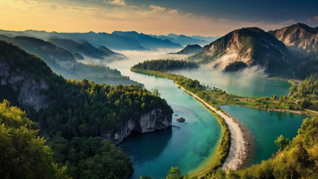 panoramic view of the emerald lake and mountains covered with fogの写真素材