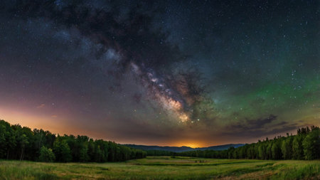Milky Way over the meadow and forest in the summer.
