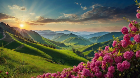 Rhododendron flowers in the mountains. Beautiful summer landscapeの写真素材