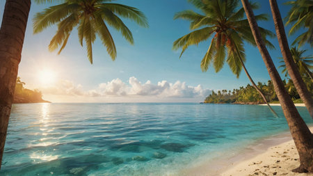 Tropical beach with coconut palm trees at Seychellesの写真素材