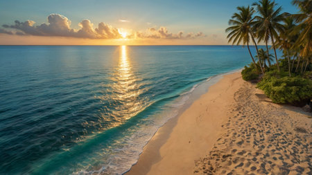 Beautiful tropical beach with coconut palm trees at sunset, panorama