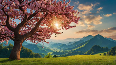 Beautiful spring landscape with blooming tree on meadow and mountains at sunsetの写真素材