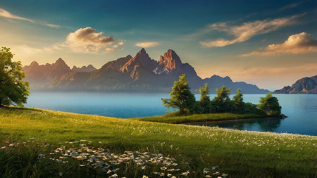 Fantastic summer panorama of Lake Lucerne. Dramatic overcast sky. Beauty world. Artistic style post processed photo.の写真素材