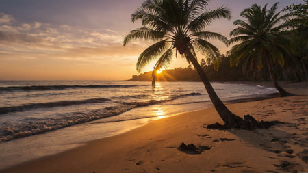 Palm trees on the beach at sunset. Beautiful tropical landscape.の写真素材