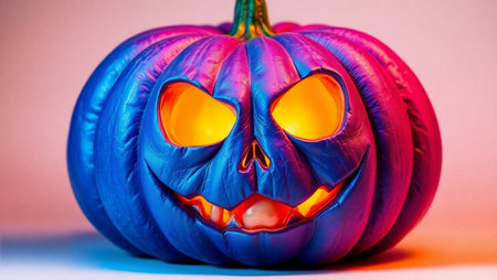 Halloween pumpkin with eyes and mouth carved in the colors of the rainbowの写真素材