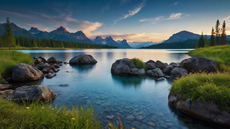 Panoramic view of lake Strbske pleso, Slovakiaの写真素材