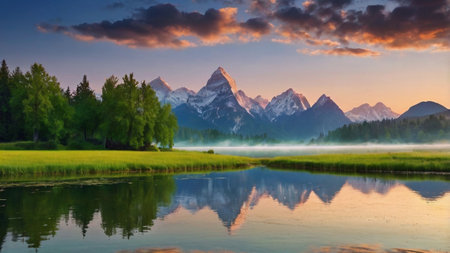 Sunset over the lake in Grand Teton National Park, Wyomingの写真素材