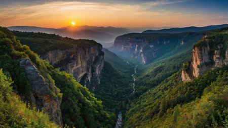 Panoramic view of the gorge in the mountains at sunset in summerの写真素材