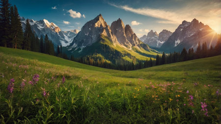 Summer landscape in the Dolomites, Italy. Panoramic viewの写真素材
