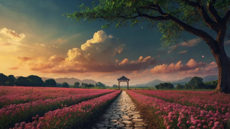 Beautiful pink flower field with pavilion and blue sky background.の写真素材