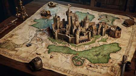 Castle on the old map. Vintage style. Selective focus.の写真素材