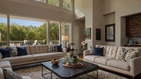 Luxury living room interior with sofa, coffee table and pictures