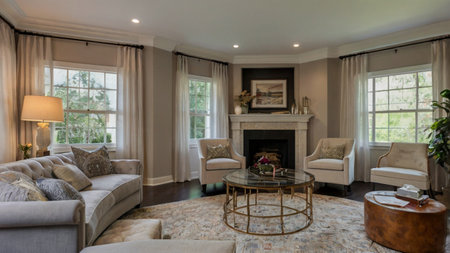Luxury living room with fireplace and armchairs. Nobody inside