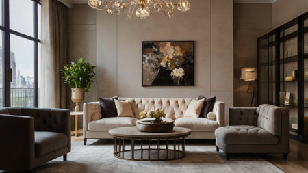 Luxury living room with beige sofas and coffee tableの写真素材