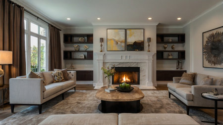 Interior of a modern living room with a fireplace and a sofa