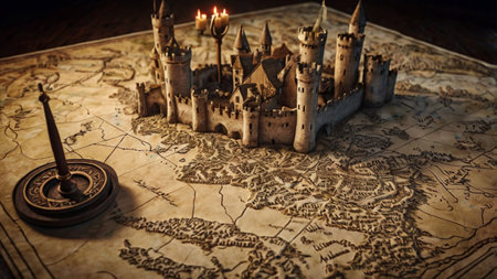 Castle on the old map. Travel concept. Selective focus.の写真素材