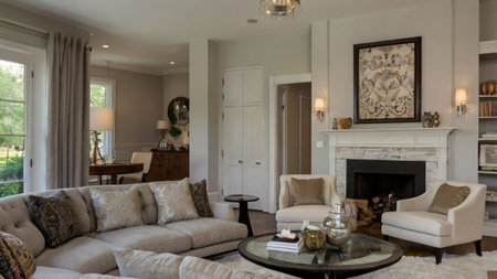 Luxury living room with fireplace and beige sofas