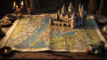 Castle on the map. Fairy tale concept. 3d renderingの写真素材