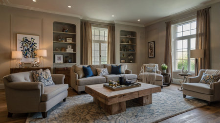 Interior of luxury living room with sofa, armchairs and coffee table