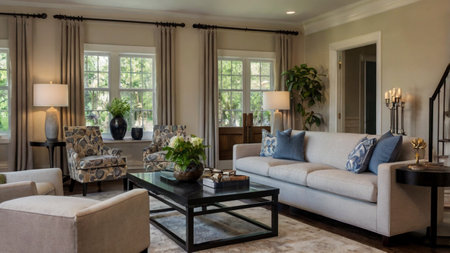 Luxury living room interior with beige sofa and armchairs