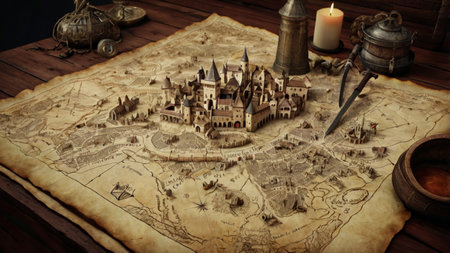 Ancient map with castle and weapons on a wooden table. Selective focus.