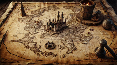 Old map, compass and candles. Travel and adventure concept. Vintage style.の写真素材