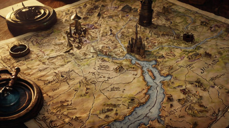 Ancient map and compass on the wooden table. Vintage style toned picture