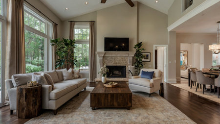 Luxury living room with fireplace and wood paneling. Nobody inside
