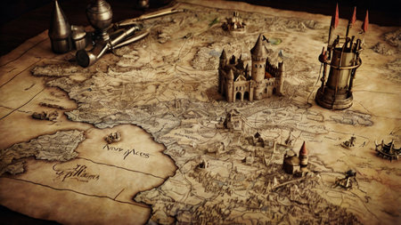 Ancient map of the world with medieval castle and weapons. Vintage style.の写真素材