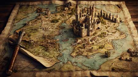 Medieval castle on old map. Travel concept. Selective focus.の写真素材