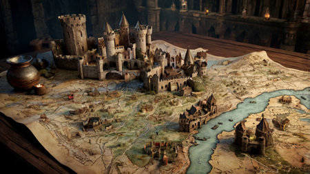 Medieval city on a map. 3d render. Vintage style.の写真素材