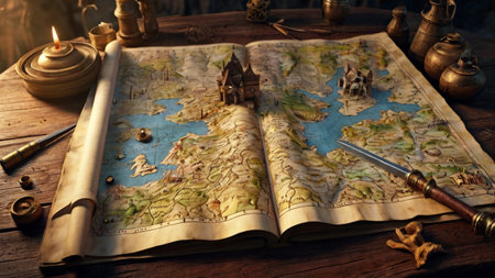 Old map on a wooden table in the dark. Retro style.の写真素材