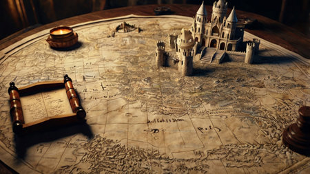 Ancient world map with fairytale castle and book