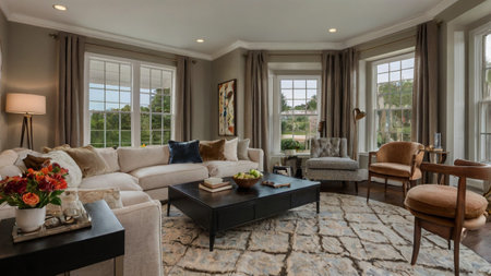 Luxury living room interior with a large window overlooking the garden