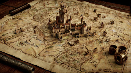 Old map with a castle, compass and map. Vintage style.の写真素材