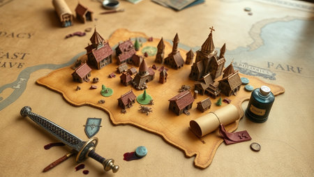 Medieval castle on the map. Selective focus. Vintage.の写真素材