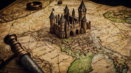 Castle on the old map. Travel concept. Selective focus.の写真素材