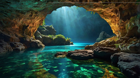 Beautiful underwater cave with turquoise water. 3d renderingの写真素材
