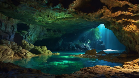 Cave with turquoise water at night. 3d renderingの写真素材