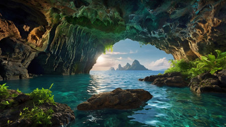 Fantasy landscape with sea and cave. 3D rendering. Computer digital drawing.の写真素材