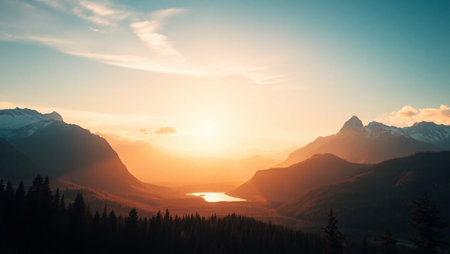 Sunset in the mountains. Panoramic view of the mountain lake.