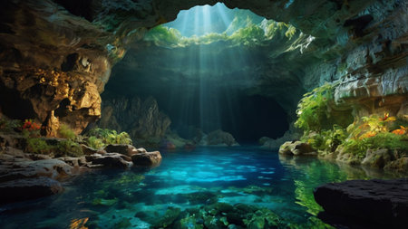 Underwater view of the underwater cave. 3d render illustration.の写真素材