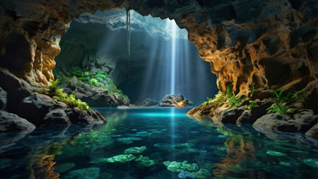 underwater cave. 3d render of underwater cave with light raysの写真素材