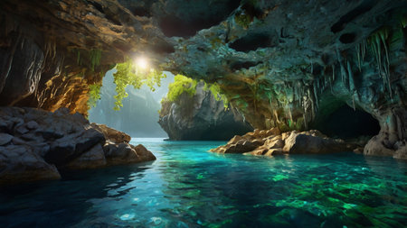 Underwater view of beautiful tropical cave with crystal clear turquoise water.の写真素材